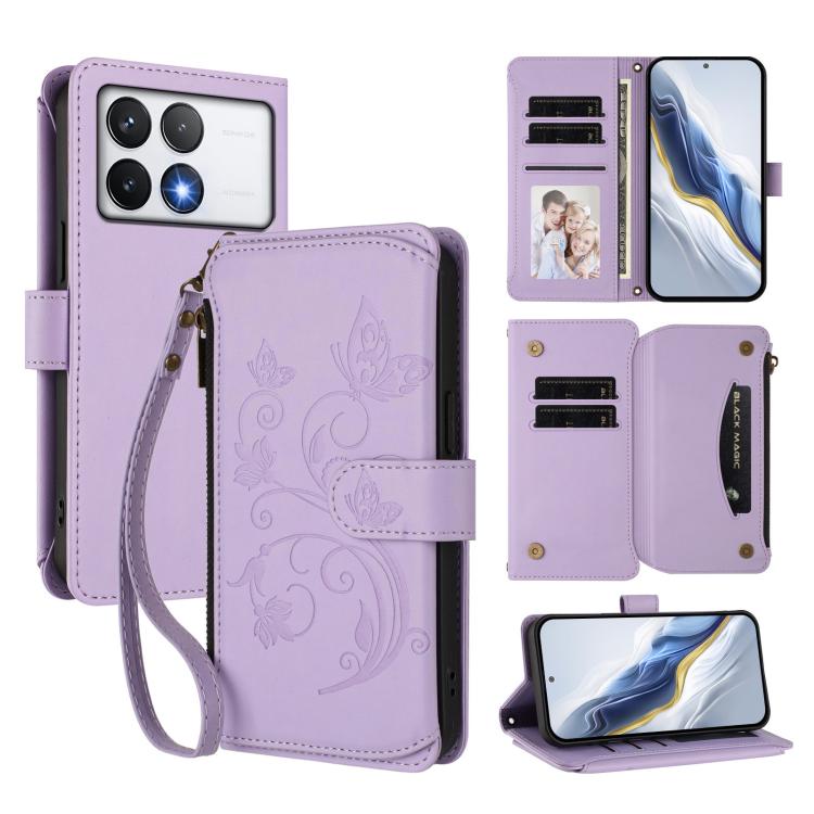 Butterfly Love Flower Multi-card Zipper Wallet Leather Phone Case, For Xiaomi 14T Pro, For Xiaomi 14T, For Xiaomi Poco F6, For Xiaomi Poco F6 Pro, For Xiaomi Poco X6 Neo, For Xiaomi Poco X6 Pro