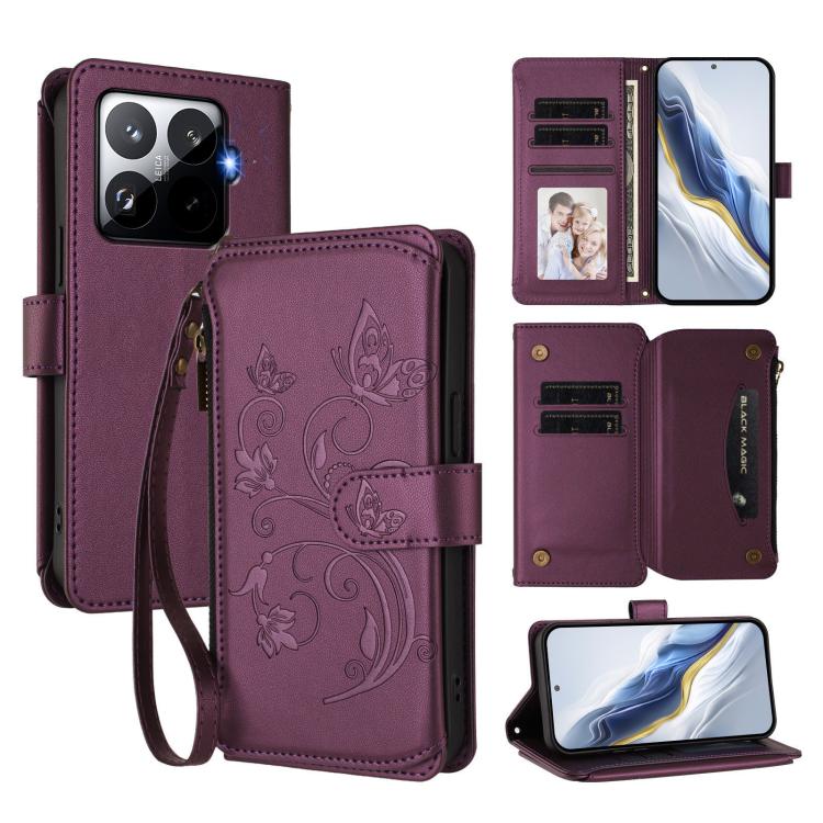 Butterfly Love Flower Multi-card Zipper Wallet Leather Phone Case, For Xiaomi 17 Max 5G, For Xiaomi 17T Pro 5G, For Xiaomi Poco M7 4G 169mm, For Xiaomi 15T Pro 5G, For Xiaomi 15T 5G, For Xiaomi Poco F7 Ultra / Redmi K80 Pro