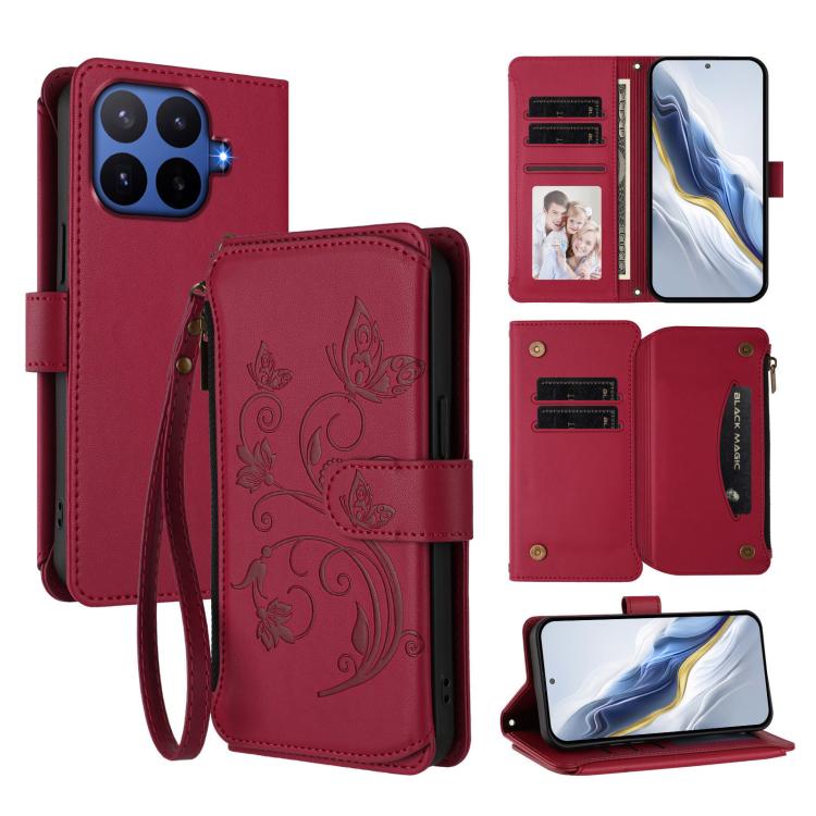 Butterfly Love Flower Multi-card Zipper Wallet Leather Phone Case, For Xiaomi 17 Max 5G, For Xiaomi 17T Pro 5G, For Xiaomi Poco M7 4G 169mm, For Xiaomi 15T Pro 5G, For Xiaomi 15T 5G, For Xiaomi Poco F7 Ultra / Redmi K80 Pro