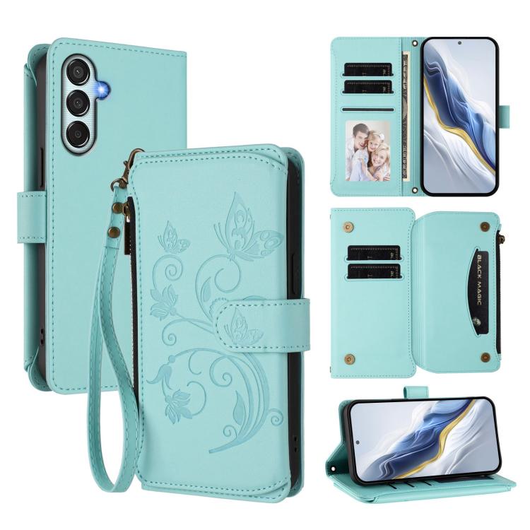 Butterfly Love Flower Multi-card Zipper Wallet Leather Phone Case, For Samsung Galaxy M56 5G, For Samsung Galaxy M16 5G / F16 5G, For Samsung Galaxy M06 5G / F06 5G, For Samsung Galaxy M35 5G, For Samsung Galaxy M55 / C55, For Samsung Galaxy XCover7 Pro