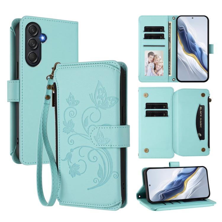 Butterfly Love Flower Multi-card Zipper Wallet Leather Phone Case, For Samsung Galaxy M56 5G, For Samsung Galaxy M16 5G / F16 5G, For Samsung Galaxy M06 5G / F06 5G, For Samsung Galaxy M35 5G, For Samsung Galaxy M55 / C55, For Samsung Galaxy XCover7 Pro