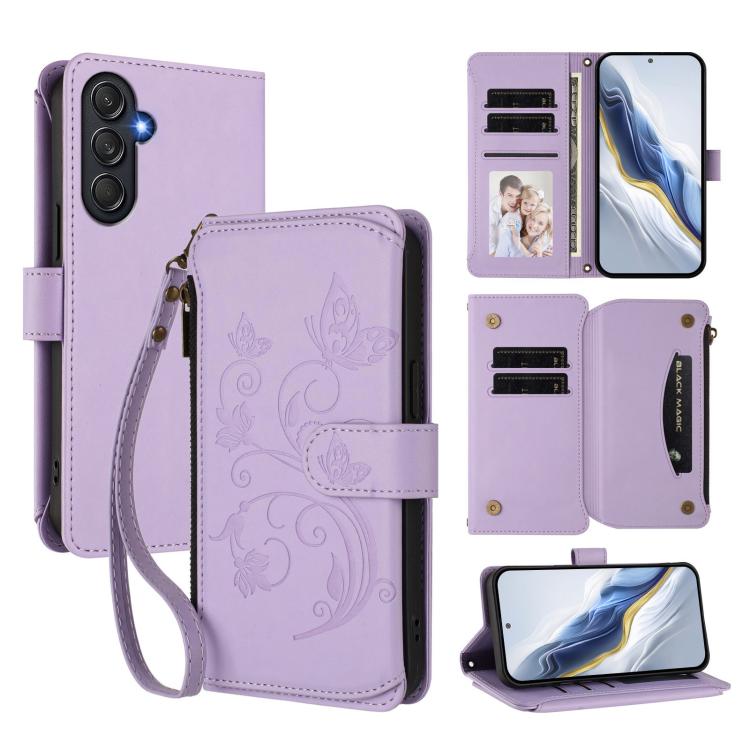 Butterfly Love Flower Multi-card Zipper Wallet Leather Phone Case, For Samsung Galaxy M56 5G, For Samsung Galaxy M16 5G / F16 5G, For Samsung Galaxy M06 5G / F06 5G, For Samsung Galaxy M35 5G, For Samsung Galaxy M55 / C55, For Samsung Galaxy XCover7 Pro