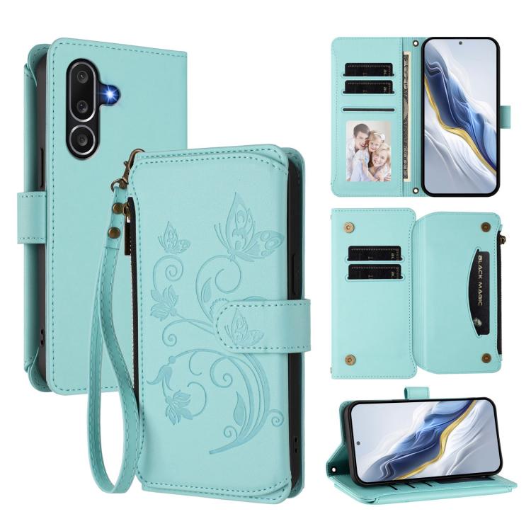 Butterfly Love Flower Multi-card Zipper Wallet Leather Phone Case, For Samsung Galaxy M56 5G, For Samsung Galaxy M16 5G / F16 5G, For Samsung Galaxy M06 5G / F06 5G, For Samsung Galaxy M35 5G, For Samsung Galaxy M55 / C55, For Samsung Galaxy XCover7 Pro