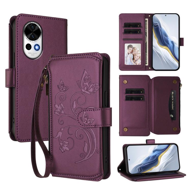 Butterfly Love Flower Multi-card Zipper Wallet Leather Phone Case, For Huawei Mate 70, For Huawei nova 13 Pro, For Huawei nova 13 / 12, For Huawei Pura 70 Pro / 70 Pro+, For Huawei nova 12S 4G / 11 4G / 5G, For Huawei Pura 70