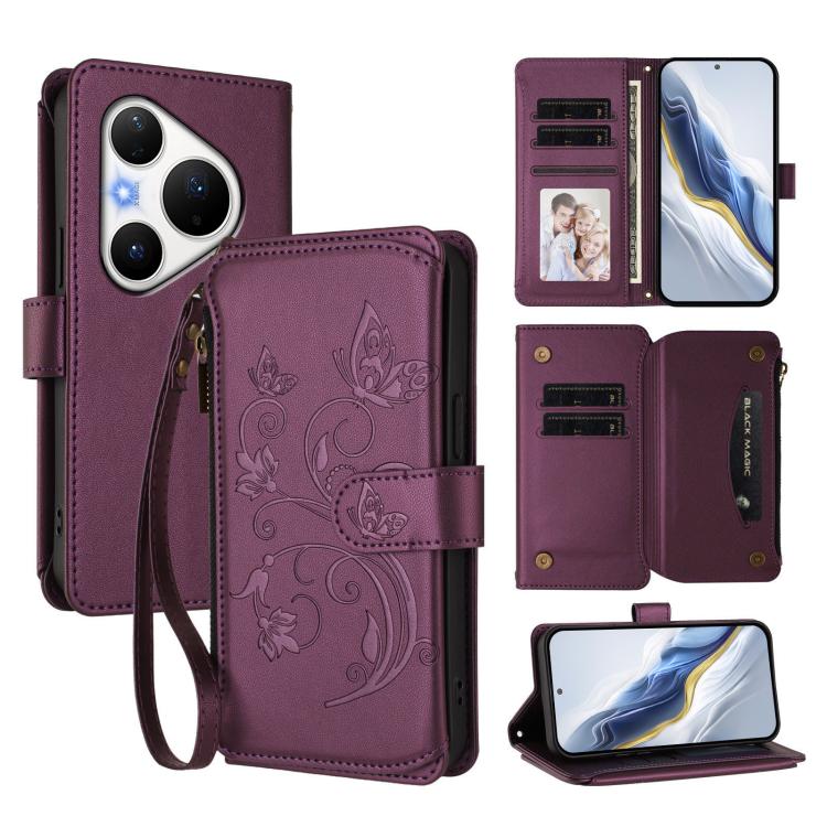 Butterfly Love Flower Multi-card Zipper Wallet Leather Phone Case, For Huawei nova 14 5G / 15 / 16z, For Huawei nova 16, For Huawei Mate 70 Air 5G, For Huawei Pura 80 Ultra 5G, For Huawei Pura 80 Pro 5G, For Huawei Pura 80 5G
