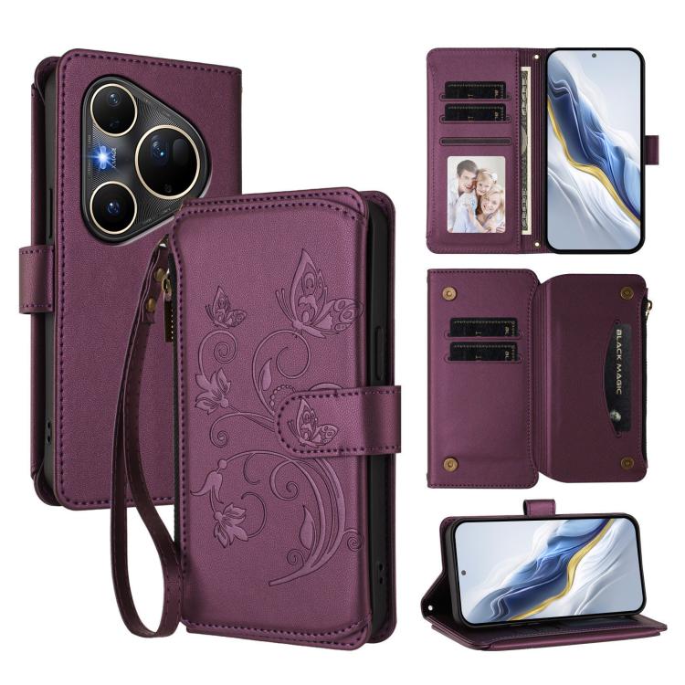 Butterfly Love Flower Multi-card Zipper Wallet Leather Phone Case, For Huawei nova 14 5G / 15 / 16z, For Huawei nova 16, For Huawei Mate 70 Air 5G, For Huawei Pura 80 Ultra 5G, For Huawei Pura 80 Pro 5G, For Huawei Pura 80 5G