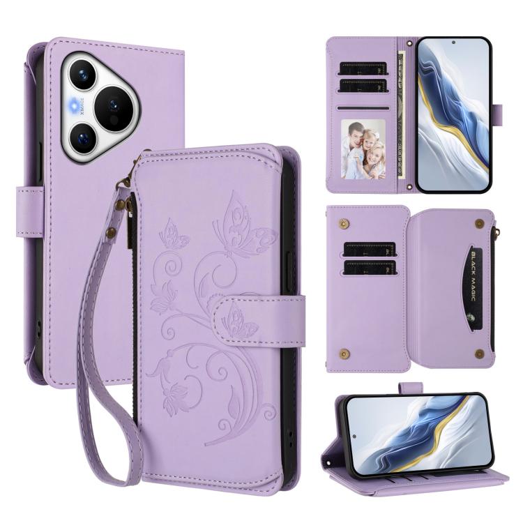 Butterfly Love Flower Multi-card Zipper Wallet Leather Phone Case, For Huawei Mate 70, For Huawei nova 13 Pro, For Huawei nova 13 / 12, For Huawei Pura 70 Pro / 70 Pro+, For Huawei nova 12S 4G / 11 4G / 5G, For Huawei Pura 70