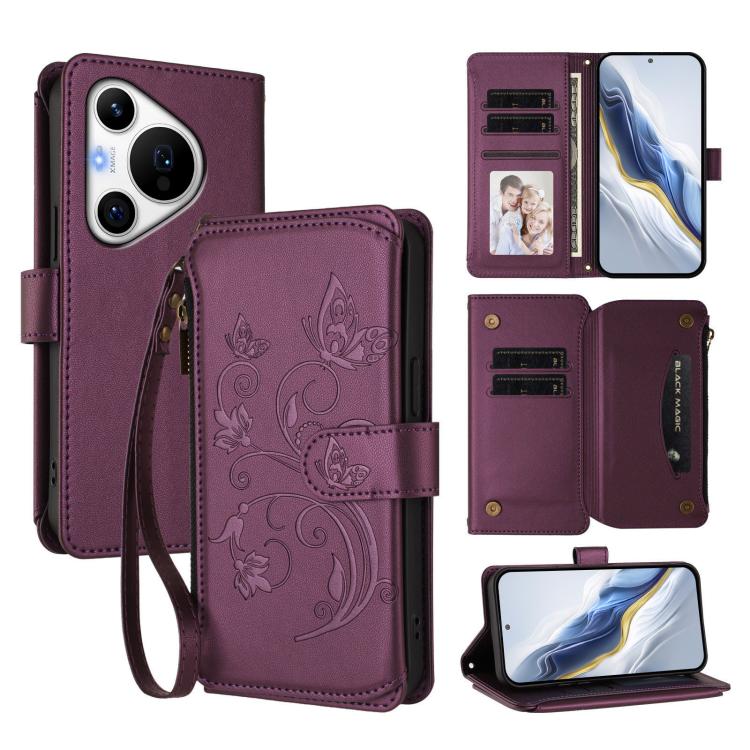 Butterfly Love Flower Multi-card Zipper Wallet Leather Phone Case, For Huawei Mate 70, For Huawei nova 13 Pro, For Huawei nova 13 / 12, For Huawei Pura 70 Pro / 70 Pro+, For Huawei nova 12S 4G / 11 4G / 5G, For Huawei Pura 70