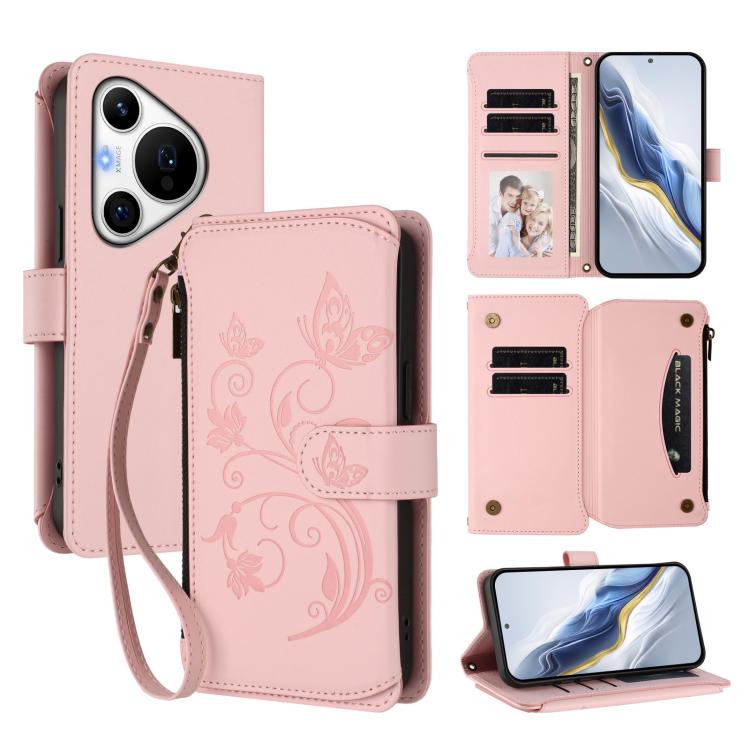 Butterfly Love Flower Multi-card Zipper Wallet Leather Phone Case, For Huawei Mate 70, For Huawei nova 13 Pro, For Huawei nova 13 / 12, For Huawei Pura 70 Pro / 70 Pro+, For Huawei nova 12S 4G / 11 4G / 5G, For Huawei Pura 70