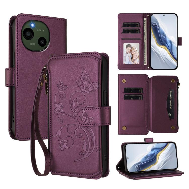 Butterfly Love Flower Multi-card Zipper Wallet Leather Phone Case, For Sharp Aquos Sense9 Plus, For Sharp Aquos Sense9, For Sharp Aquos R9 Pro SH-54E, For Sharp Aquos Wish4 / SH-52E, For Sharp Aquos R9 SH-51E, For Sharp Aquos Sense8