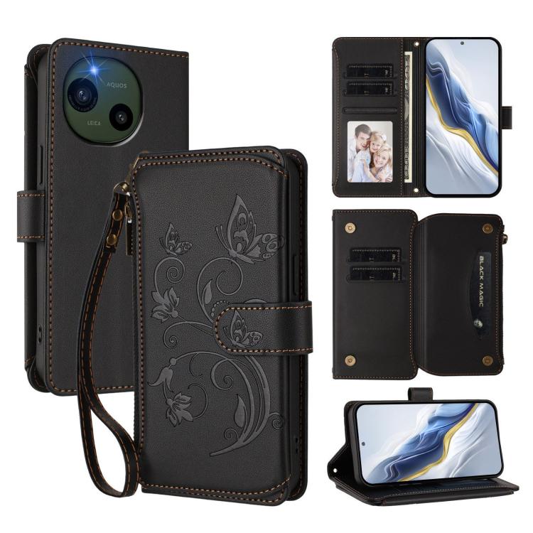 Butterfly Love Flower Multi-card Zipper Wallet Leather Phone Case, For Sharp Aquos wish6, For Sharp Aquos R11, For Sharp Aquos Sense10, For Sharp Aquos R10, For Sharp Aquos Wish5, For Sharp Basio Active3