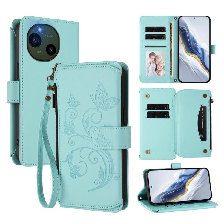 Butterfly Love Flower Multi-card Zipper Wallet Leather Phone Case, For Sharp Aquos wish6, For Sharp Aquos R11, For Sharp Aquos Sense10, For Sharp Aquos R10, For Sharp Aquos Wish5, For Sharp Basio Active3