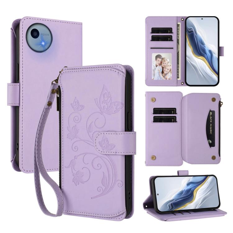 Butterfly Love Flower Multi-card Zipper Wallet Leather Phone Case, For Sharp Aquos wish6, For Sharp Aquos R11, For Sharp Aquos Sense10, For Sharp Aquos R10, For Sharp Aquos Wish5, For Sharp Basio Active3
