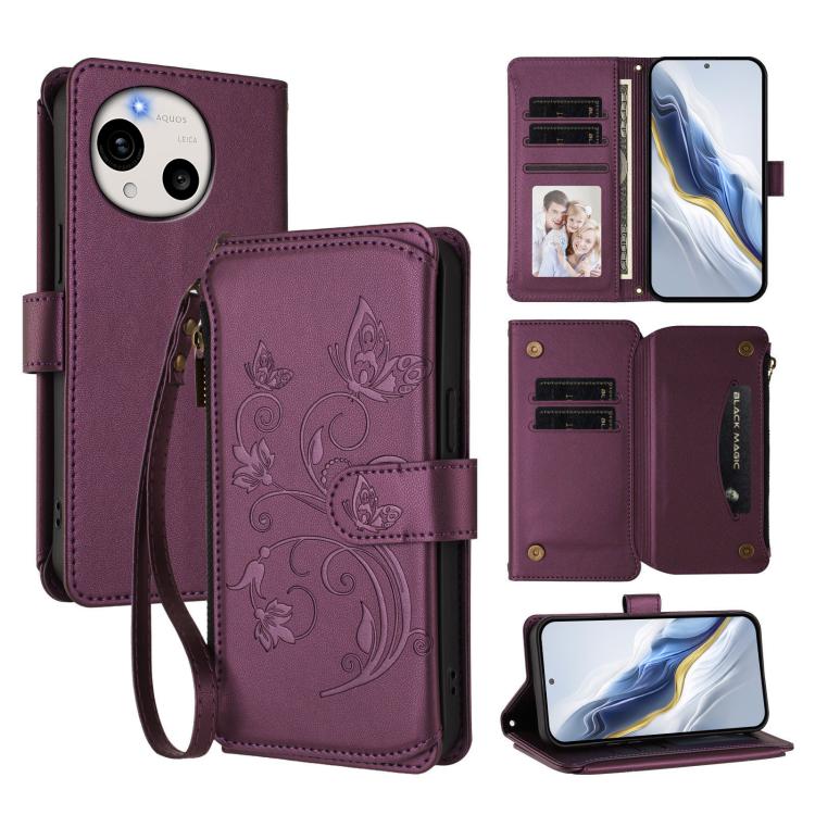 Butterfly Love Flower Multi-card Zipper Wallet Leather Phone Case, For Sharp Aquos wish6, For Sharp Aquos R11, For Sharp Aquos Sense10, For Sharp Aquos R10, For Sharp Aquos Wish5, For Sharp Basio Active3