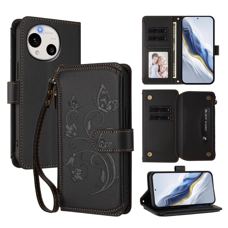 Butterfly Love Flower Multi-card Zipper Wallet Leather Phone Case, For Sharp Aquos wish6, For Sharp Aquos R11, For Sharp Aquos Sense10, For Sharp Aquos R10, For Sharp Aquos Wish5, For Sharp Basio Active3