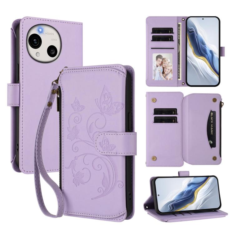 Butterfly Love Flower Multi-card Zipper Wallet Leather Phone Case, For Sharp Aquos wish6, For Sharp Aquos R11, For Sharp Aquos Sense10, For Sharp Aquos R10, For Sharp Aquos Wish5, For Sharp Basio Active3