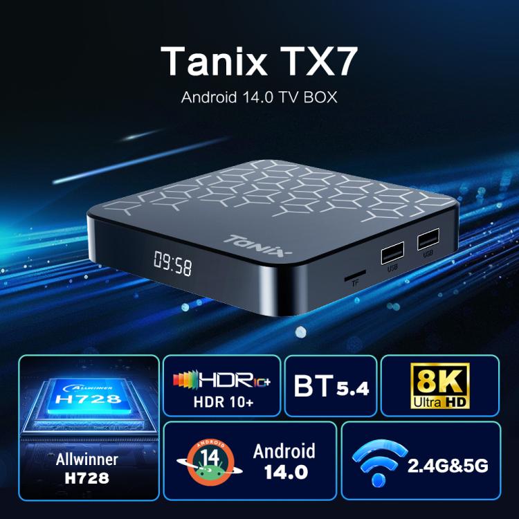 Tanix TX7 8K UHD Android 14 Smart TV Box with Remote Control, Allwinner H728 Octa-Core, 2GB+16GB
