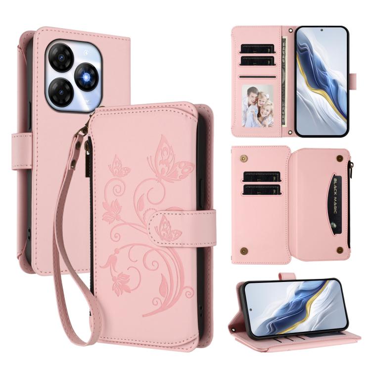 Butterfly Love Flower Multi-card Zipper Wallet Leather Phone Case, For Itel S24, For Itel P55+, For Itel P55 4G / Infinix Smart 8, For Itel A05s, For Itel A70, For Itel A60 / A60S
