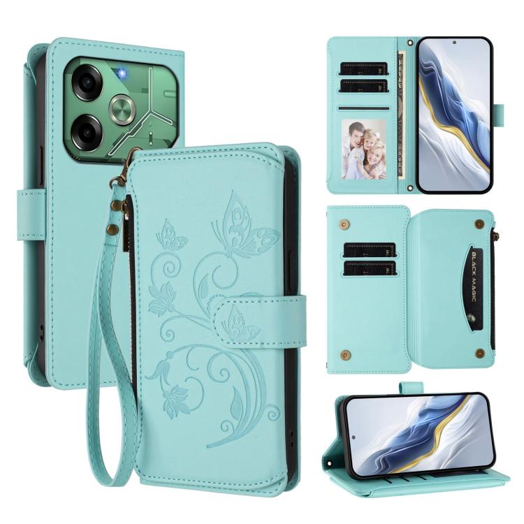 Butterfly Love Flower Multi-card Zipper Wallet Leather Phone Case, For Tecno Pop 6C, For Tecno Spark 10 Pro Magic, For Tecno Camon 30 Premier, For Tecno Pova 6 4G, For Tecno Pova 6 5G / 6 Pro 5G, For Tecno Camon 30 Pro 5G