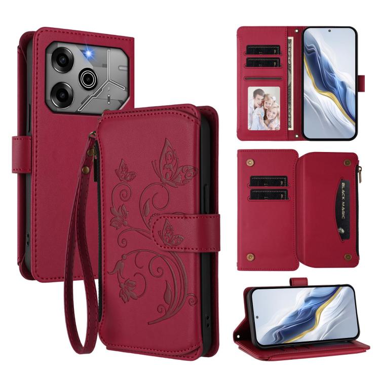 Butterfly Love Flower Multi-card Zipper Wallet Leather Phone Case, For Tecno Pop 6C, For Tecno Spark 10 Pro Magic, For Tecno Camon 30 Premier, For Tecno Pova 6 4G, For Tecno Pova 6 5G / 6 Pro 5G, For Tecno Camon 30 Pro 5G
