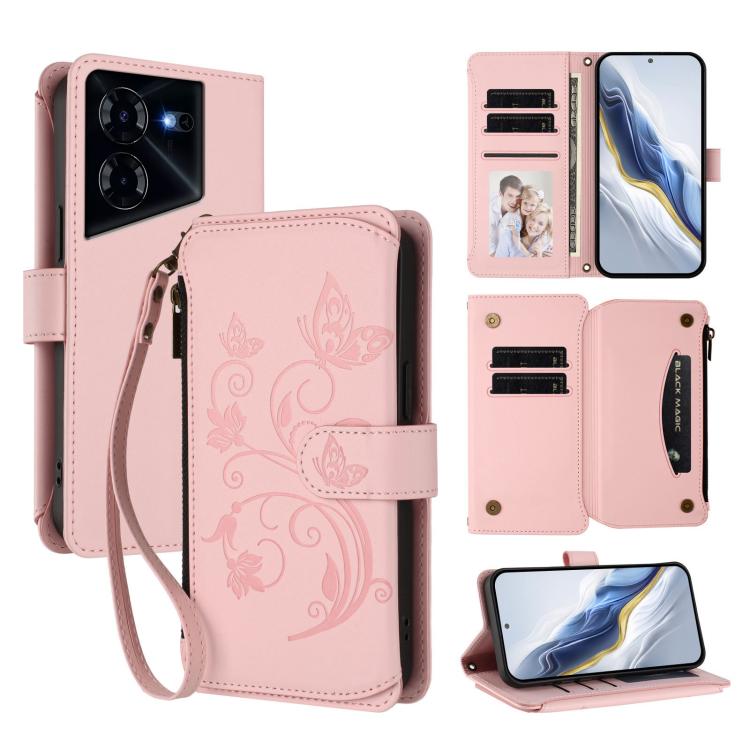 Butterfly Love Flower Multi-card Zipper Wallet Leather Phone Case, For Tecno Camon 30 4G / 5G, For Tecno Spark 20 Pro+ 4G, For Tecno Spark GO 2024 4G / 20 4G, For Tecno Pova 5 Pro 5G, For Tecno Pova Neo 3, For Tecno Pova 5
