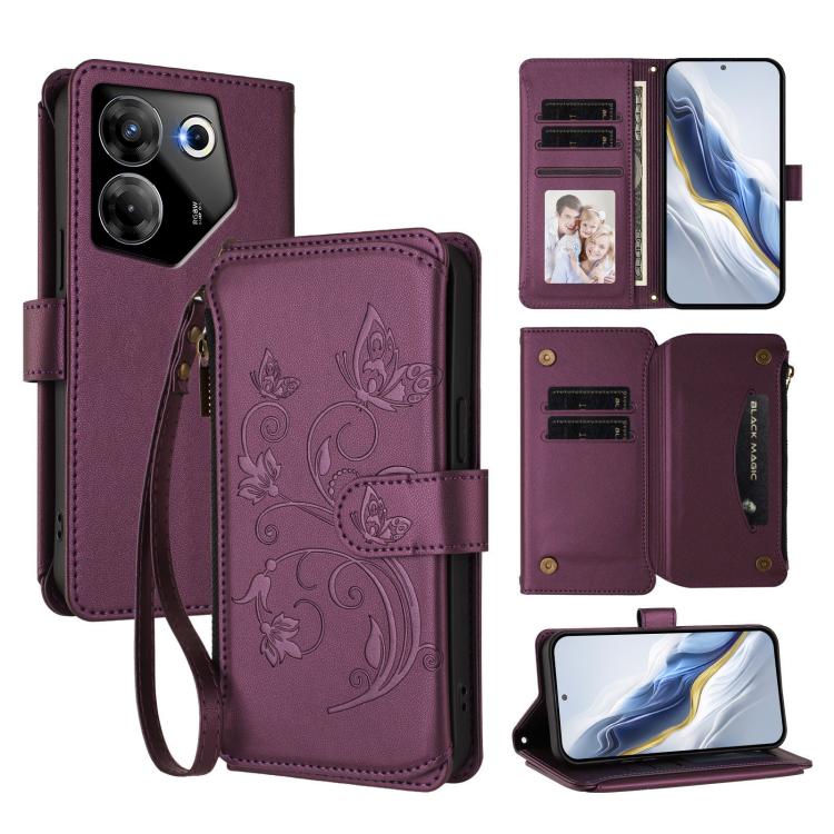 Butterfly Love Flower Multi-card Zipper Wallet Leather Phone Case, For Tecno Camon 20 Premier 5G, For Tecno Camon 20 Pro 5G, For Tecno Camon 20 4G / 20 Pro 4G, For Tecno Spark 10 5G, For Tecno Spark 10C / 10 4G, For Tecno Spark 10 Pro 4G / K17 4G