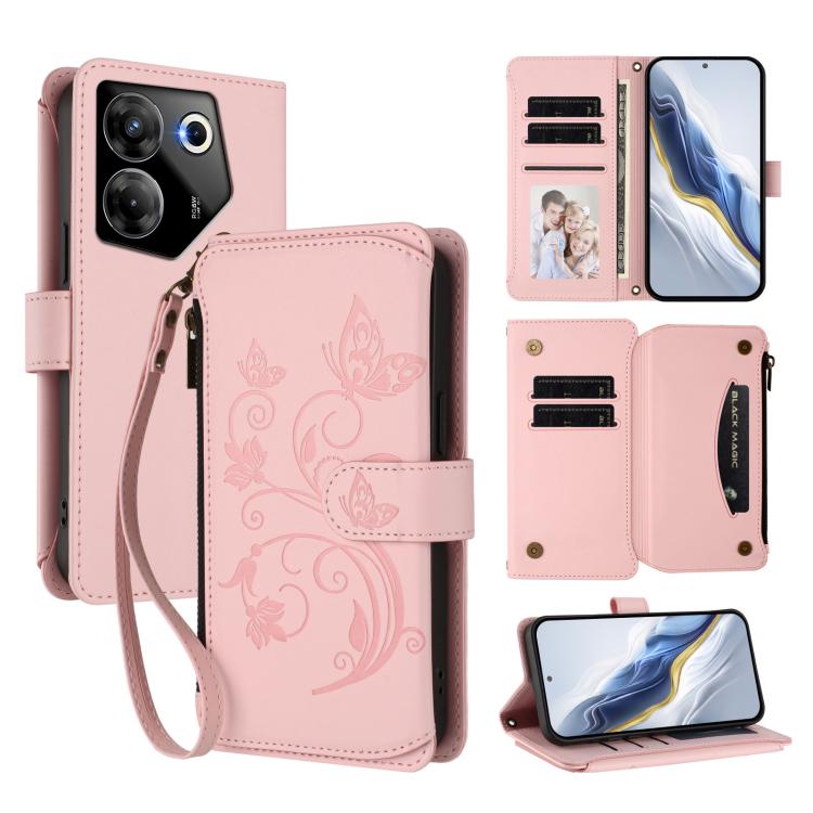 Butterfly Love Flower Multi-card Zipper Wallet Leather Phone Case, For Tecno Camon 20 Premier 5G, For Tecno Camon 20 Pro 5G, For Tecno Camon 20 4G / 20 Pro 4G, For Tecno Spark 10 5G, For Tecno Spark 10C / 10 4G, For Tecno Spark 10 Pro 4G / K17 4G