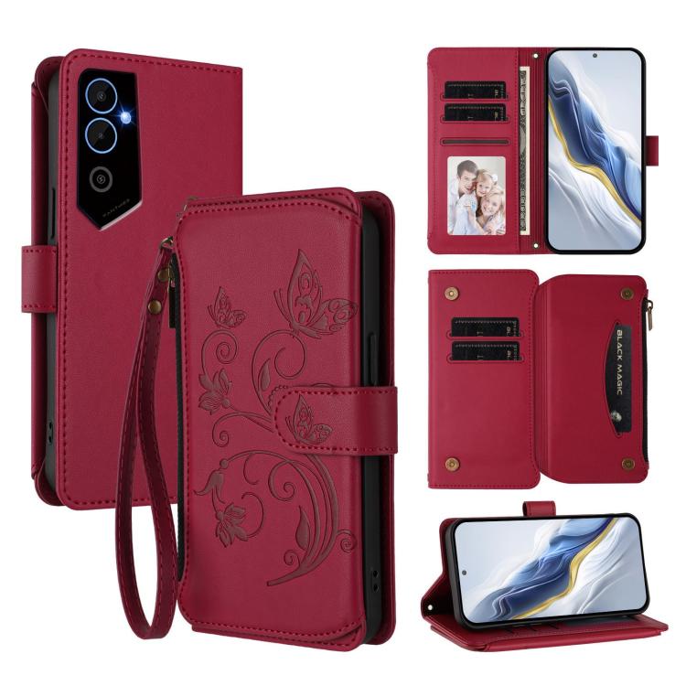 Butterfly Love Flower Multi-card Zipper Wallet Leather Phone Case, For Tecno Pova 4 Pro, For Tecno Pova 4, For Tecno Pova Neo 2, For Tecno Spark GO 2022 / 8C / 9, For Tecno Spark 9T / 9 Pro, For Tecno Camon 19 / 19 Pro 5G