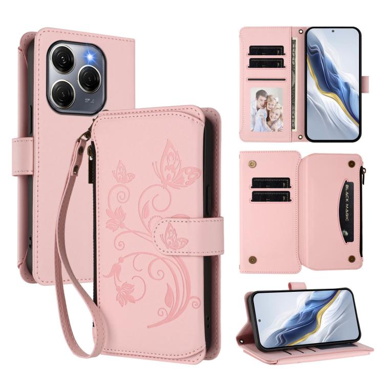 Butterfly Love Flower Multi-card Zipper Wallet Leather Phone Case, For Tecno Spark 30 Pro 4G, For Tecno Spark 30 5G / Pova 6 Neo 5G, For Tecno Spark 30 4G, For Tecno Spark GO 5G 2025 / Hot 60i 4G, For Tecno Spark 30C 4G, For Tecno Spark 20 Pro 5G