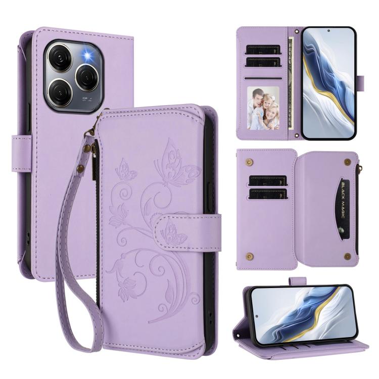 Butterfly Love Flower Multi-card Zipper Wallet Leather Phone Case, For Tecno Spark 30 Pro 4G, For Tecno Spark 30 5G / Pova 6 Neo 5G, For Tecno Spark 30 4G, For Tecno Spark GO 5G 2025 / Hot 60i 4G, For Tecno Spark 30C 4G, For Tecno Spark 20 Pro 5G