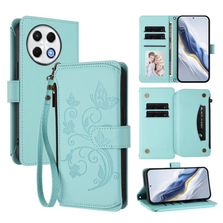 Butterfly Love Flower Multi-card Zipper Wallet Leather Phone Case, For Tecno Spark 30 Pro 4G, For Tecno Spark 30 5G / Pova 6 Neo 5G, For Tecno Spark 30 4G, For Tecno Spark GO 5G 2025 / Hot 60i 4G, For Tecno Spark 30C 4G, For Tecno Spark 20 Pro 5G