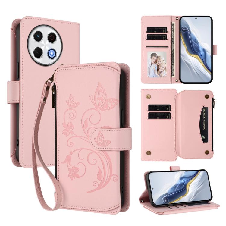 Butterfly Love Flower Multi-card Zipper Wallet Leather Phone Case, For Tecno Spark 30 Pro 4G, For Tecno Spark 30 5G / Pova 6 Neo 5G, For Tecno Spark 30 4G, For Tecno Spark GO 5G 2025 / Hot 60i 4G, For Tecno Spark 30C 4G, For Tecno Spark 20 Pro 5G