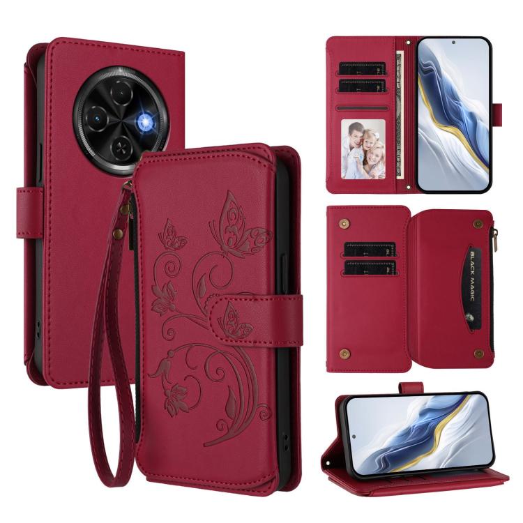 Butterfly Love Flower Multi-card Zipper Wallet Leather Phone Case, For Tecno Spark 30 Pro 4G, For Tecno Spark 30 5G / Pova 6 Neo 5G, For Tecno Spark 30 4G, For Tecno Spark GO 5G 2025 / Hot 60i 4G, For Tecno Spark 30C 4G, For Tecno Spark 20 Pro 5G