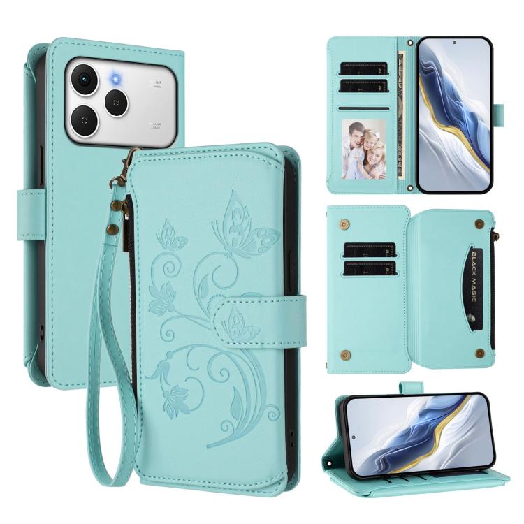 Butterfly Love Flower Multi-card Zipper Wallet Leather Phone Case, For Tecno Camon 50 Pro 4G, For Tecno Camon 50 4G, For Tecno Spark Slim 5G, For Tecno Camon 40 Pro 4G, For Tecno Spark 40 4G, For Tecno Pova 7 4G
