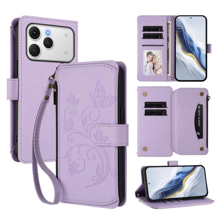 Butterfly Love Flower Multi-card Zipper Wallet Leather Phone Case, For Tecno Camon 50 Pro 4G, For Tecno Camon 50 4G, For Tecno Spark Slim 5G, For Tecno Camon 40 Pro 4G, For Tecno Spark 40 4G, For Tecno Pova 7 4G