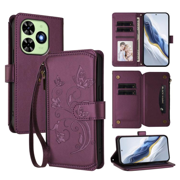 Butterfly Love Flower Multi-card Zipper Wallet Leather Phone Case, For Tecno Camon 30 4G / 5G, For Tecno Spark 20 Pro+ 4G, For Tecno Spark GO 2024 4G / 20 4G, For Tecno Pova 5 Pro 5G, For Tecno Pova Neo 3, For Tecno Pova 5
