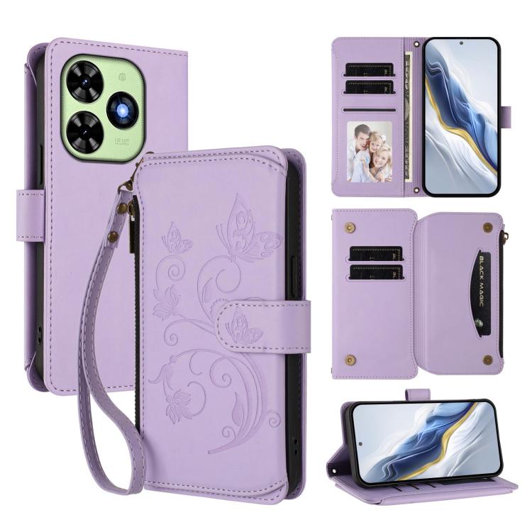 Butterfly Love Flower Multi-card Zipper Wallet Leather Phone Case, For Tecno Camon 30 4G / 5G, For Tecno Spark 20 Pro+ 4G, For Tecno Spark GO 2024 4G / 20 4G, For Tecno Pova 5 Pro 5G, For Tecno Pova Neo 3, For Tecno Pova 5