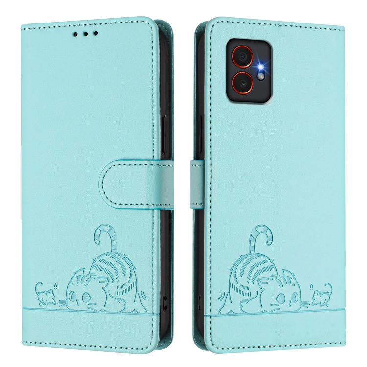 Cat Rat Embossed Pattern RFID Leather Phone Case with Lanyard, For Samsung Galaxy XCover7 Pro