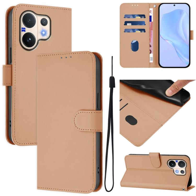 Skin Feel Solid Color Leather Phone Case with Lanyard, For vivo V60 5G Global