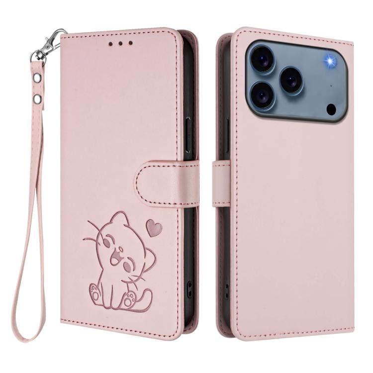 Embossed Heart Cat Leather Phone Case with Hand Strap, For iPhone 18 Pro / 17 Pro, For iPhone 18 Pro Max / 17 Pro Max, For iPhone 17e / 16e, For iPhone 17