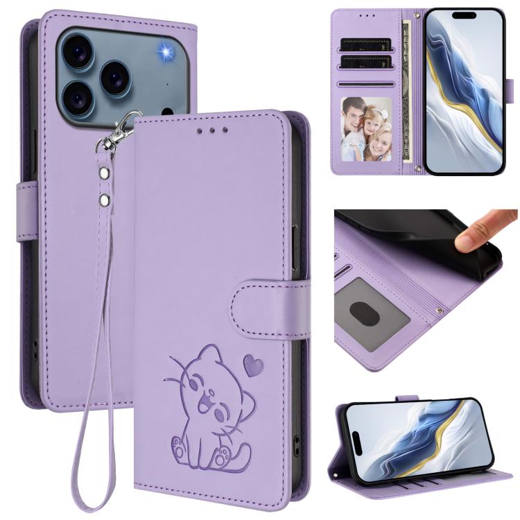 Embossed Heart Cat Leather Phone Case with Hand Strap, For iPhone 18 Pro / 17 Pro, For iPhone 18 Pro Max / 17 Pro Max, For iPhone 17e / 16e, For iPhone 17