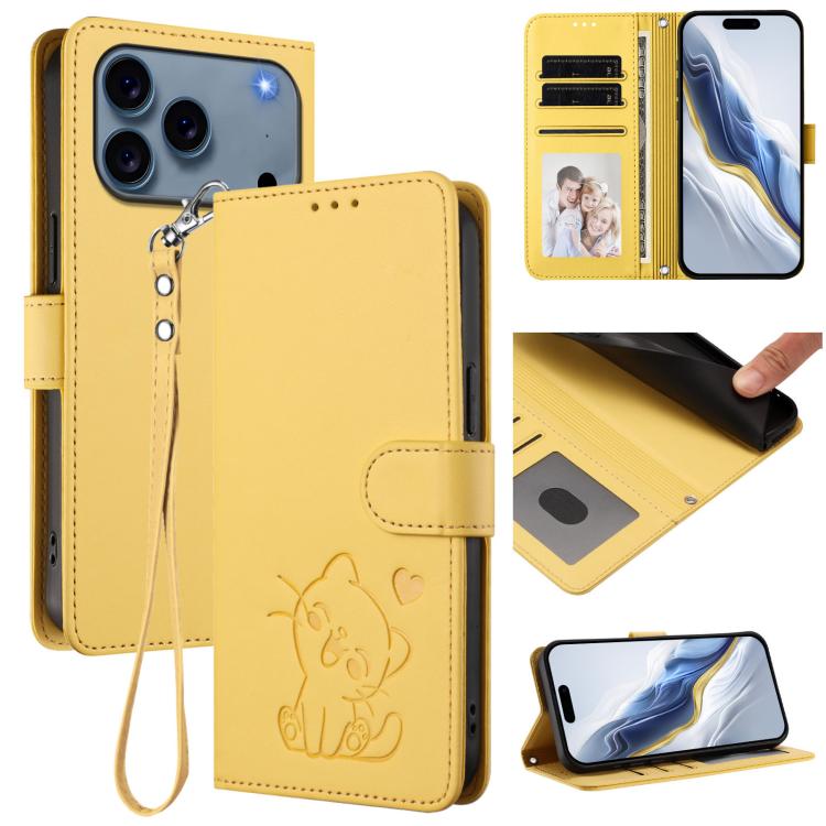 Embossed Heart Cat Leather Phone Case with Hand Strap, For iPhone 18 Pro / 17 Pro, For iPhone 18 Pro Max / 17 Pro Max, For iPhone 17e / 16e, For iPhone 17