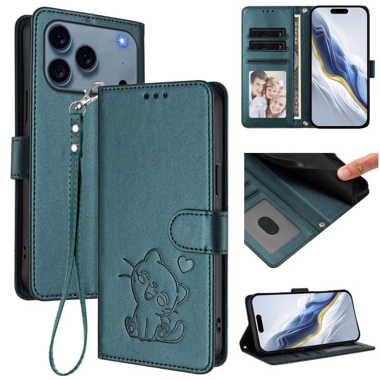 Embossed Heart Cat Leather Phone Case with Hand Strap, For iPhone 18 Pro / 17 Pro, For iPhone 18 Pro Max / 17 Pro Max, For iPhone 17e / 16e, For iPhone 17