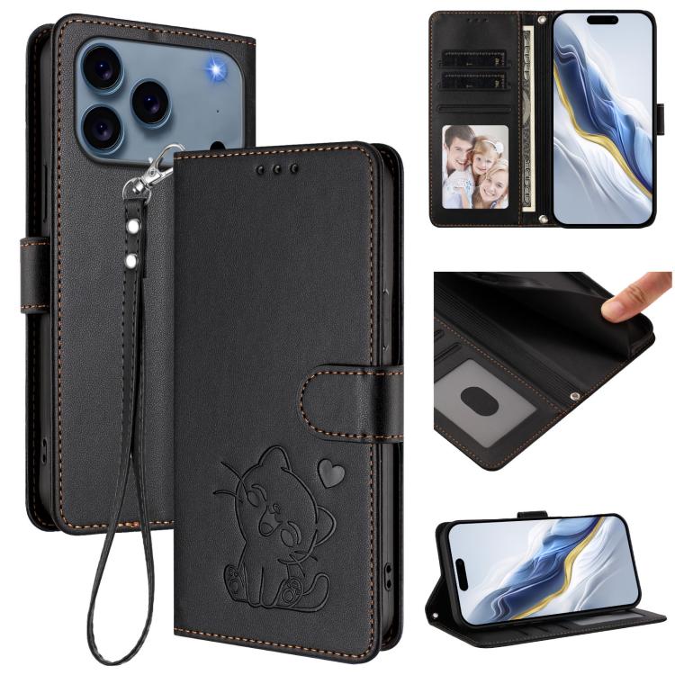 Embossed Heart Cat Leather Phone Case with Hand Strap, For iPhone 18 Pro / 17 Pro, For iPhone 18 Pro Max / 17 Pro Max, For iPhone 17e / 16e, For iPhone 17