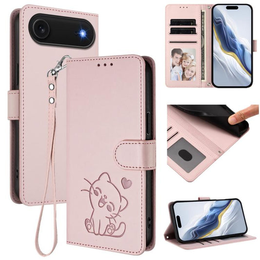 Embossed Heart Cat Leather Phone Case with Hand Strap, For iPhone Air, For iPhone 16 Pro Max, For iPhone 16 Pro, For iPhone 16 Plus