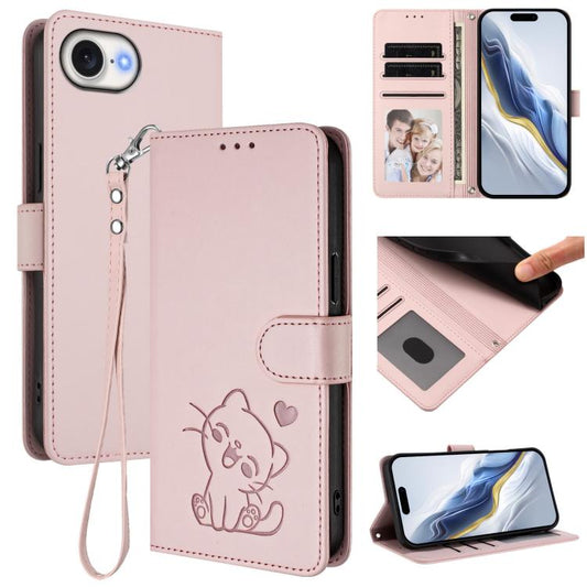 Embossed Heart Cat Leather Phone Case with Hand Strap, For iPhone 17e / 16e, For iPhone 17 Pro Max, For iPhone 17 Pro, For iPhone 17