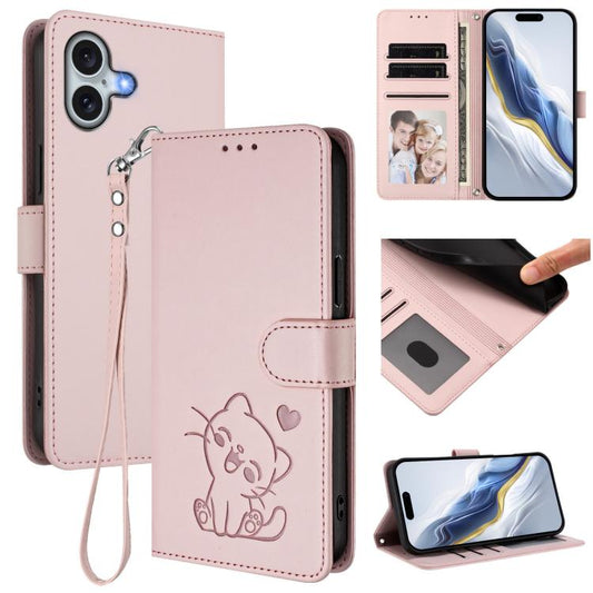 Embossed Heart Cat Leather Phone Case with Hand Strap, For iPhone 16, For iPhone 15 Pro Max, For iPhone 15 Pro, For iPhone 15 Plus