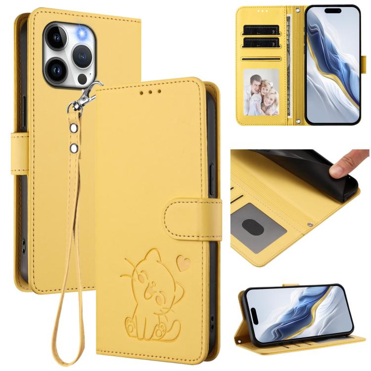 Embossed Heart Cat Leather Phone Case with Hand Strap, For iPhone 16, For iPhone 15 Pro Max, For iPhone 15 Pro, For iPhone 15 Plus