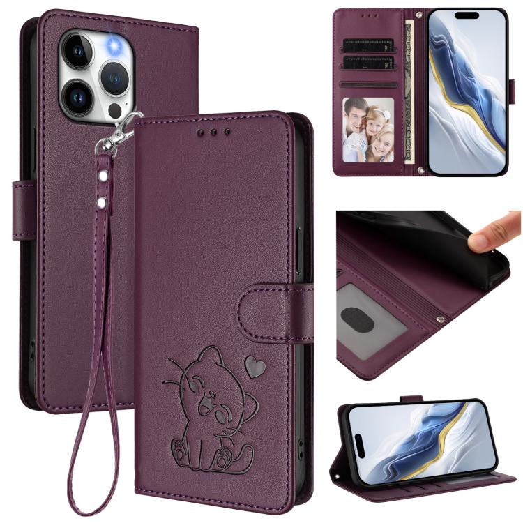 Embossed Heart Cat Leather Phone Case with Hand Strap, For iPhone 16, For iPhone 15 Pro Max, For iPhone 15 Pro, For iPhone 15 Plus