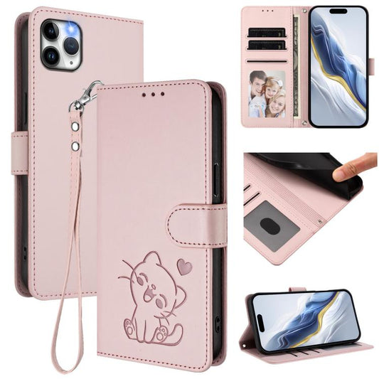 Embossed Heart Cat Leather Phone Case with Hand Strap, For iPhone 11 Pro Max, For iPhone 11, For iPhone 11 Pro, For iPhone X / XS
